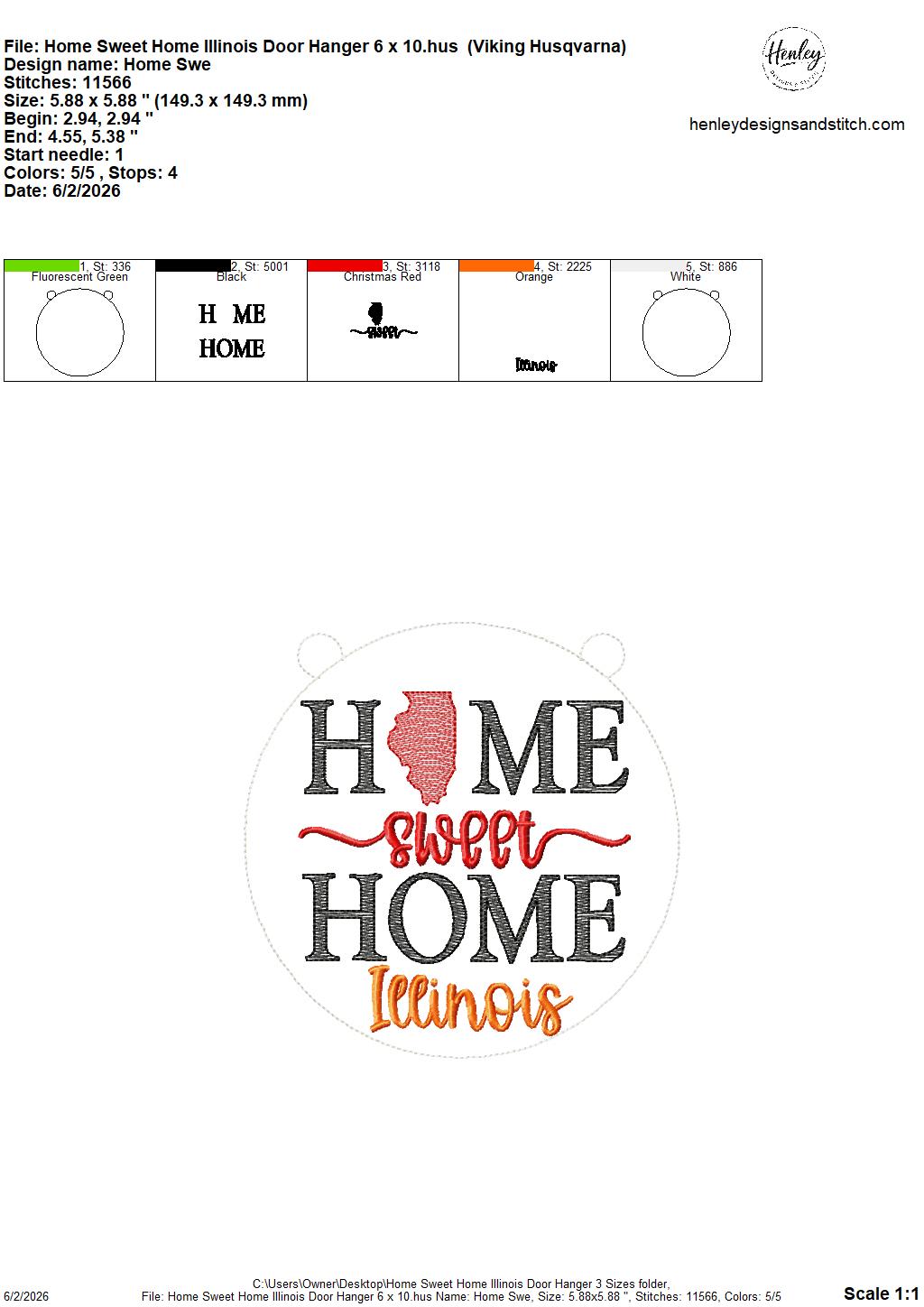 Home Sweet Home – Illinois – DOOR HANGER – 5 x 7, 8 x 8, and 6 x 10 In The Hoop – DIGITAL Embroidery DESIGN
