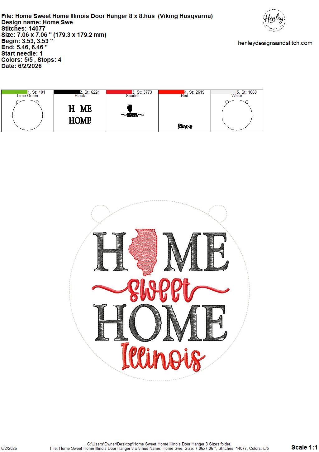 Home Sweet Home – Illinois – DOOR HANGER – 5 x 7, 8 x 8, and 6 x 10 In The Hoop – DIGITAL Embroidery DESIGN