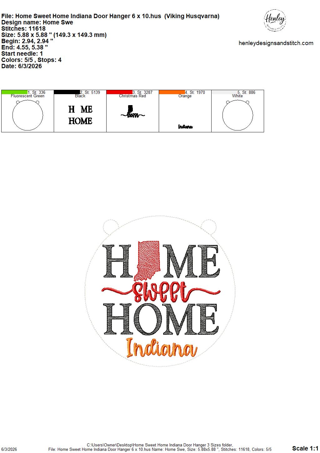 Home Sweet Home – Indiana – DOOR HANGER – 5 x 7, 8 x 8, and 6 x 10 In The Hoop – DIGITAL Embroidery DESIGN