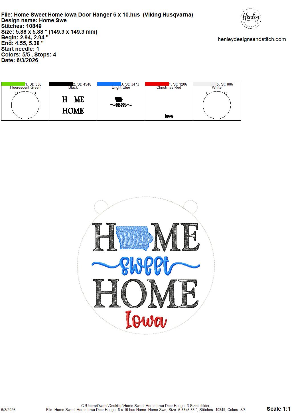 Home Sweet Home – Iowa – DOOR HANGER – 5 x 7, 8 x 8, and 6 x 10 In The Hoop – DIGITAL Embroidery DESIGN