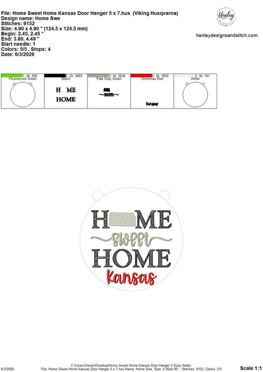 Home Sweet Home – Kansas – DOOR HANGER – 5 x 7, 8 x 8, and 6 x 10 In The Hoop – DIGITAL Embroidery DESIGN