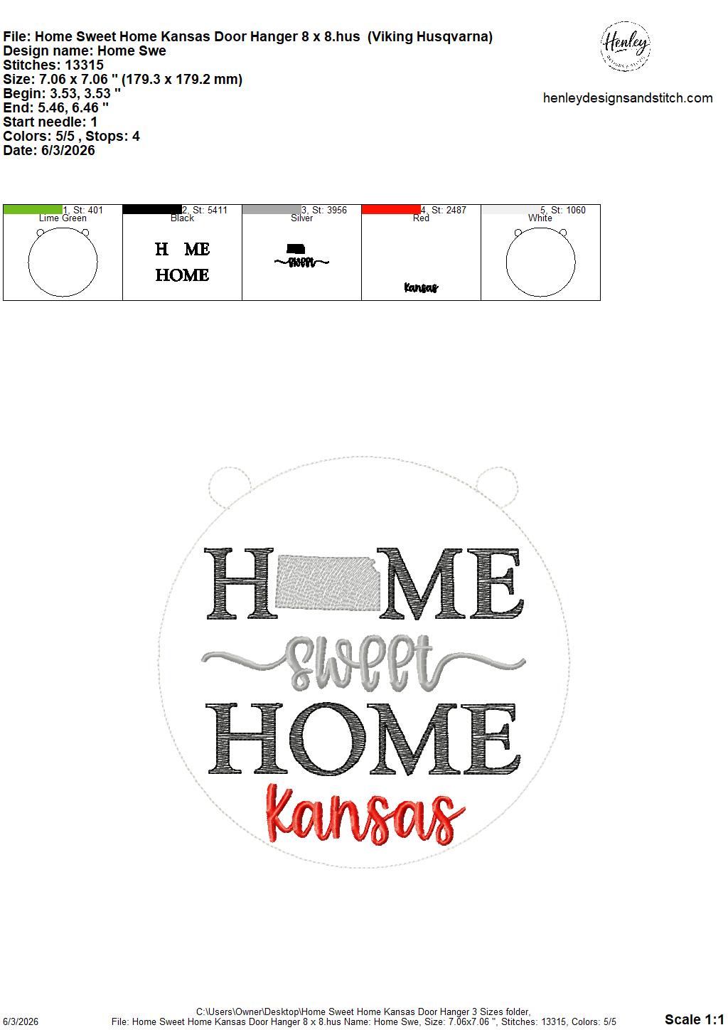 Home Sweet Home – Kansas – DOOR HANGER – 5 x 7, 8 x 8, and 6 x 10 In The Hoop – DIGITAL Embroidery DESIGN