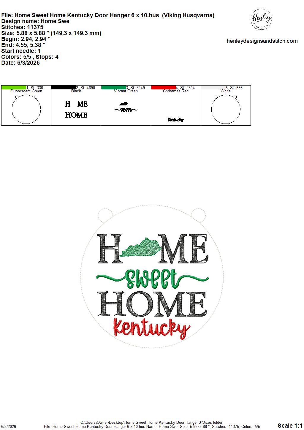 Home Sweet Home – Kentucky – DOOR HANGER – 5 x 7, 8 x 8, and 6 x 10 In The Hoop – DIGITAL Embroidery DESIGN