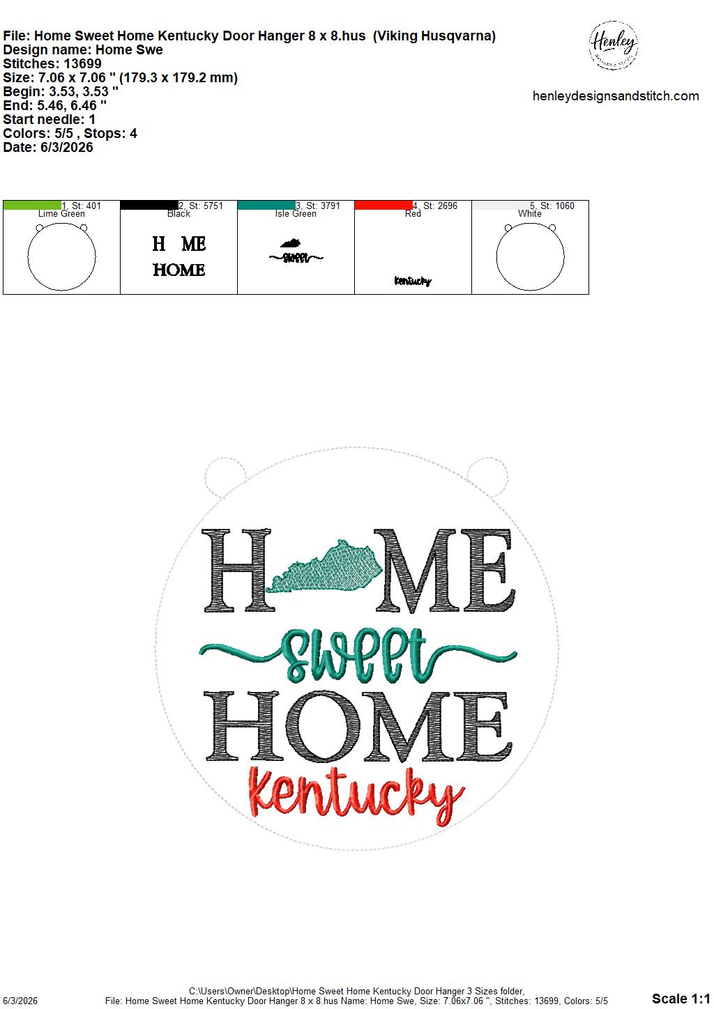 Home Sweet Home – Kentucky – DOOR HANGER – 5 x 7, 8 x 8, and 6 x 10 In The Hoop – DIGITAL Embroidery DESIGN