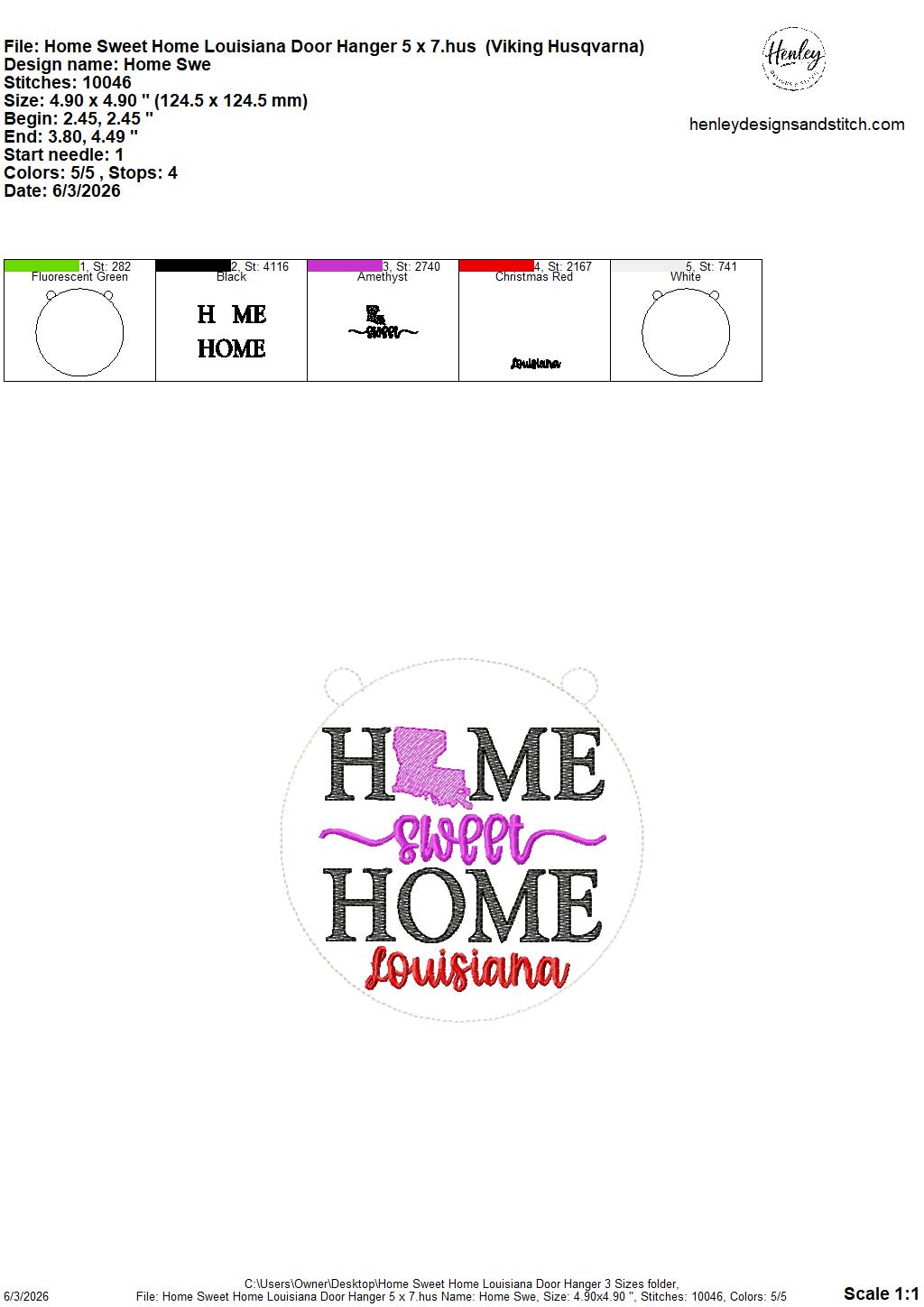 Home Sweet Home – Louisiana – DOOR HANGER – 5 x 7, 8 x 8, and 6 x 10 In The Hoop – DIGITAL Embroidery