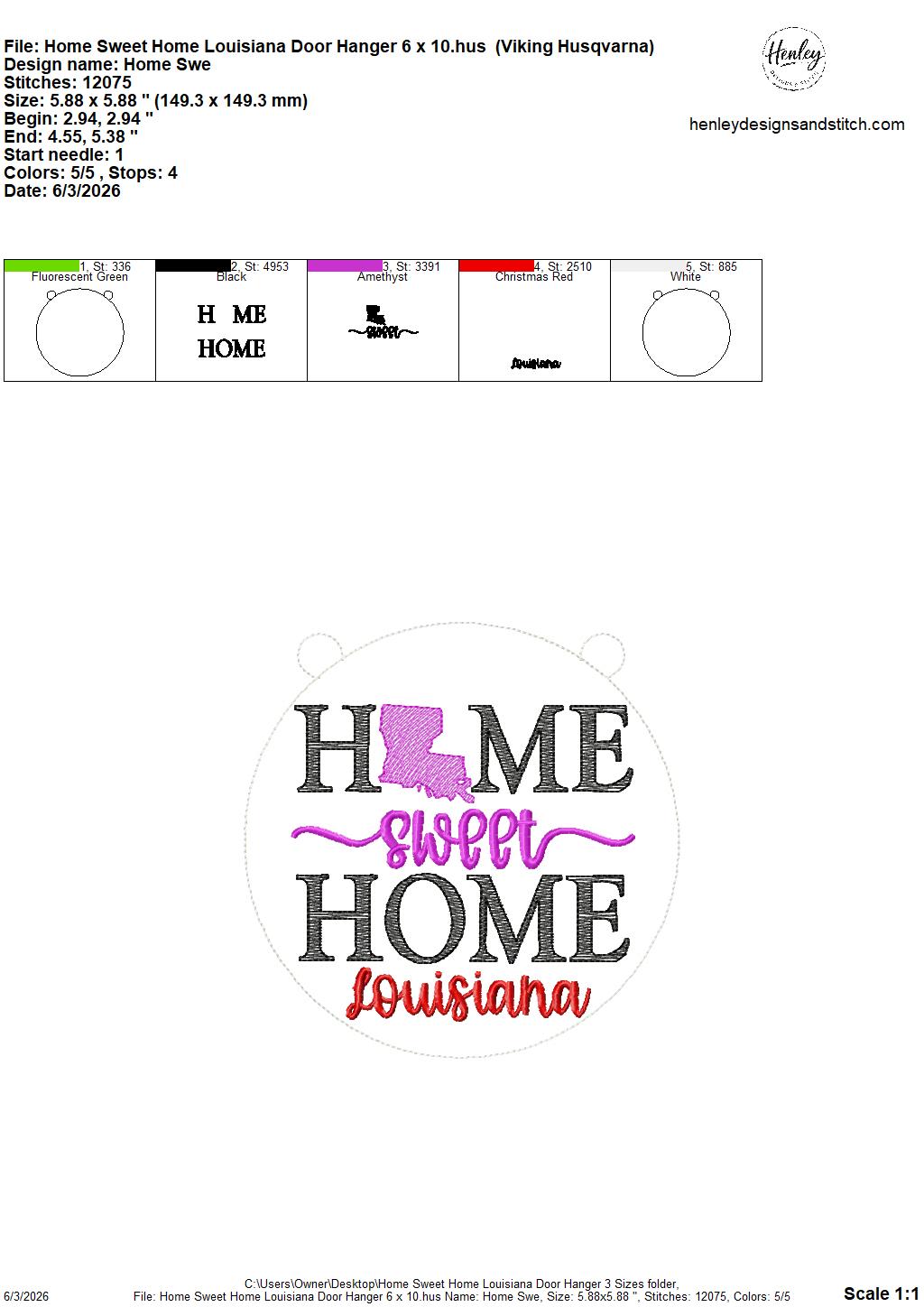 Home Sweet Home – Louisiana – DOOR HANGER – 5 x 7, 8 x 8, and 6 x 10 In The Hoop – DIGITAL Embroidery