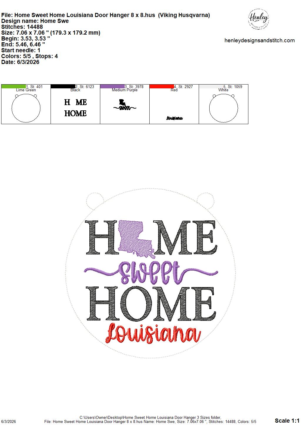 Home Sweet Home – Louisiana – DOOR HANGER – 5 x 7, 8 x 8, and 6 x 10 In The Hoop – DIGITAL Embroidery