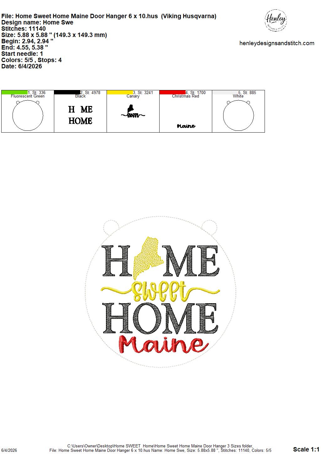 Home Sweet Home – Maine – DOOR HANGER – 5 x 7, 8 x 8, and 6 x 10 In The Hoop – DIGITAL Embroidery DESIGN