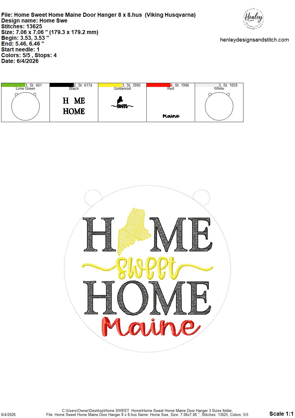 Home Sweet Home – Maine – DOOR HANGER – 5 x 7, 8 x 8, and 6 x 10 In The Hoop – DIGITAL Embroidery DESIGN