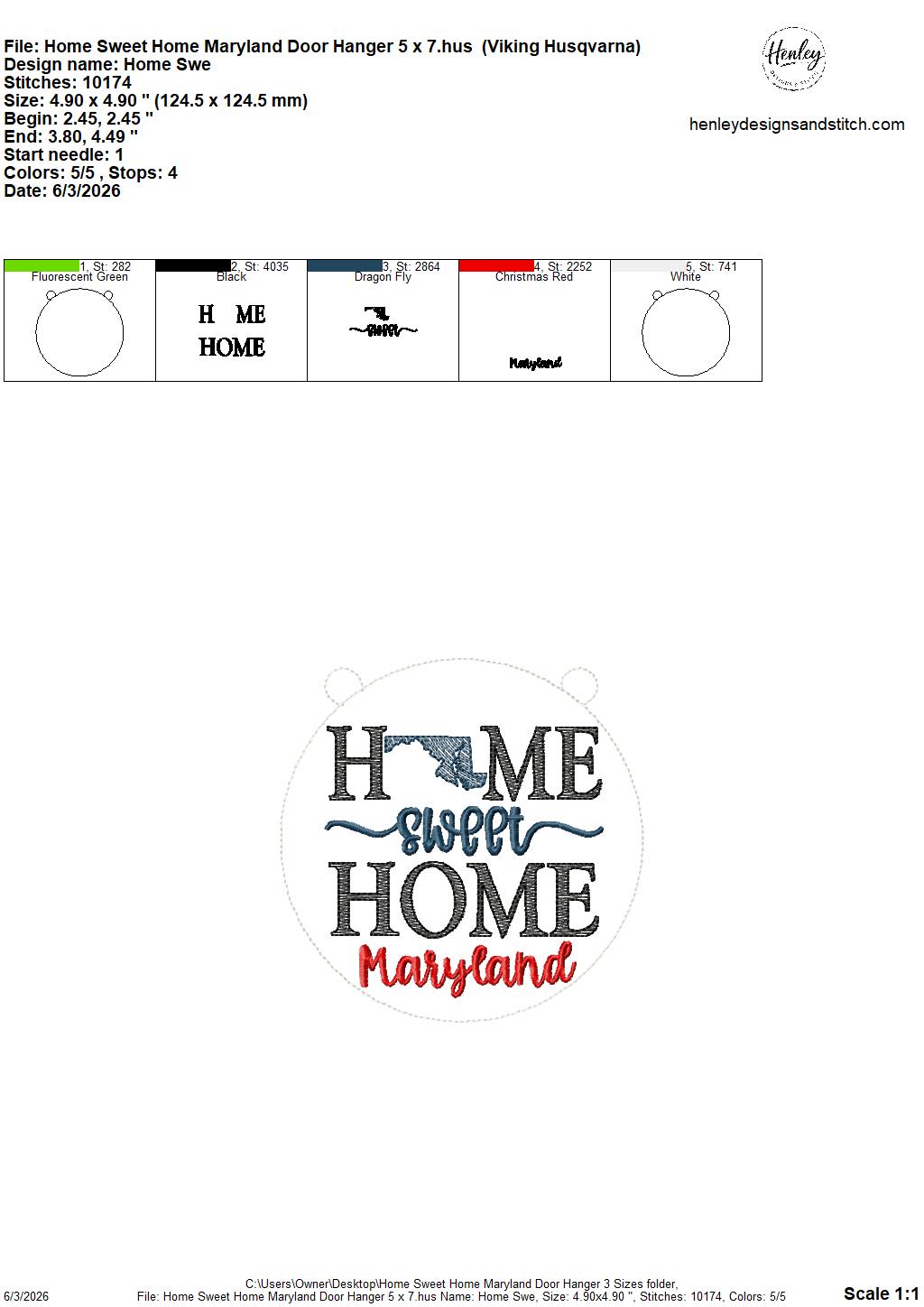 Home Sweet Home – Maryland – DOOR HANGER – 5 x 7, 8 x 8, and 6 x 10 In The Hoop – DIGITAL Embroidery DESIGN