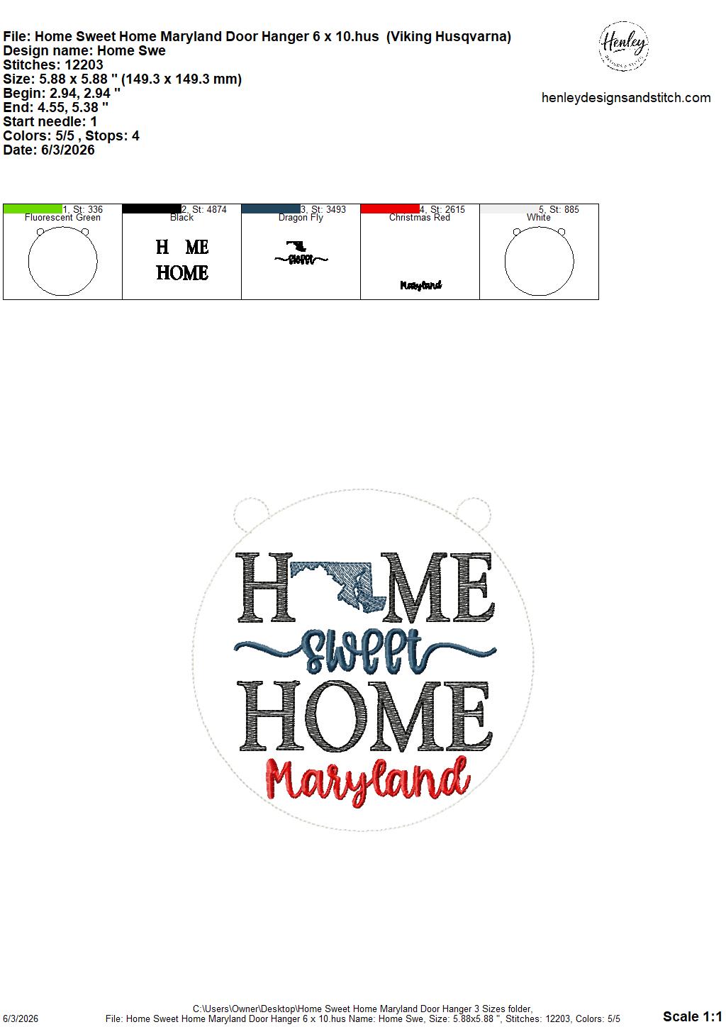 Home Sweet Home – Maryland – DOOR HANGER – 5 x 7, 8 x 8, and 6 x 10 In The Hoop – DIGITAL Embroidery DESIGN