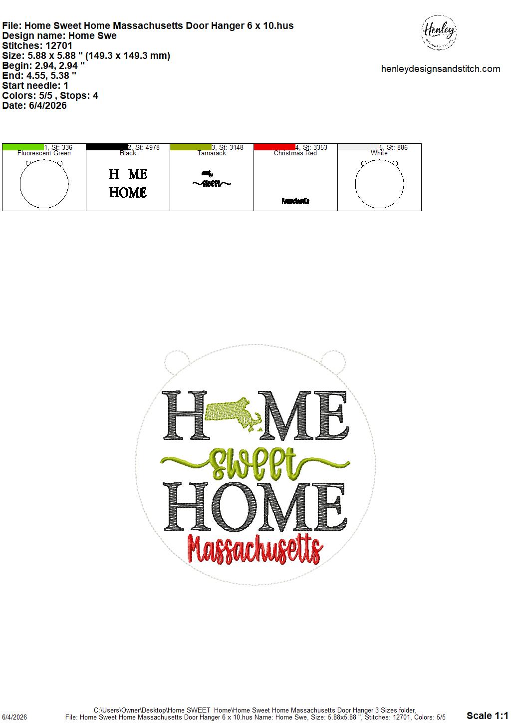 Home Sweet Home – Massachusetts – DOOR HANGER – 5 x 7, 8 x 8, and 6 x 10 In The Hoop – DIGITAL Embroidery DESIGN