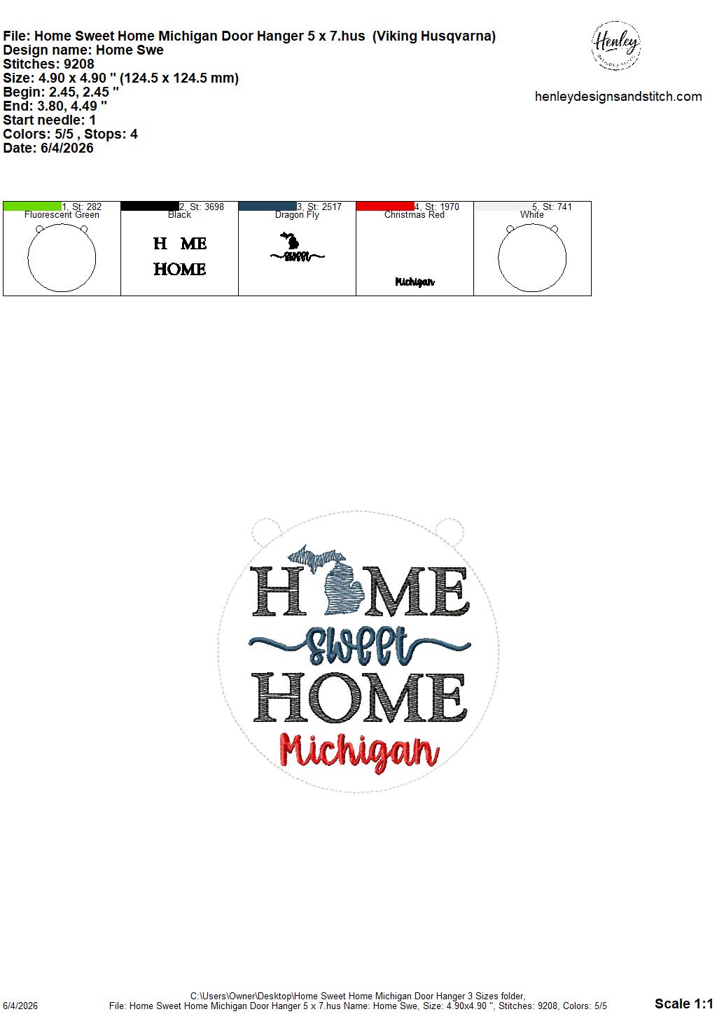 Home Sweet Home – Michigan – DOOR HANGER – 5 x 7, 8 x 8, and 6 x 10 In The Hoop – DIGITAL Embroidery DESIGN