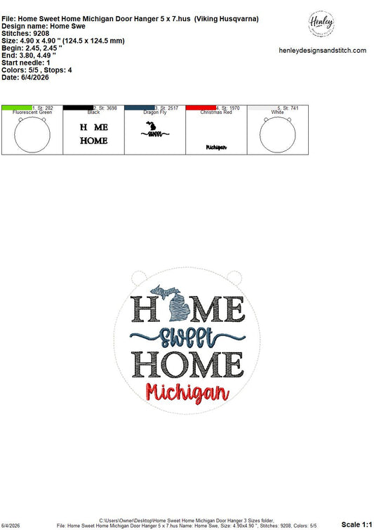 Home Sweet Home – Michigan – DOOR HANGER – 5 x 7, 8 x 8, and 6 x 10 In The Hoop – DIGITAL Embroidery DESIGN
