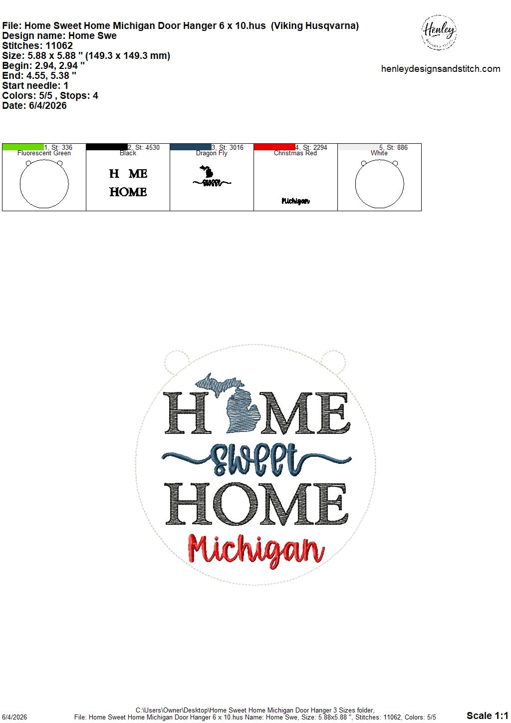 Home Sweet Home – Michigan – DOOR HANGER – 5 x 7, 8 x 8, and 6 x 10 In The Hoop – DIGITAL Embroidery DESIGN