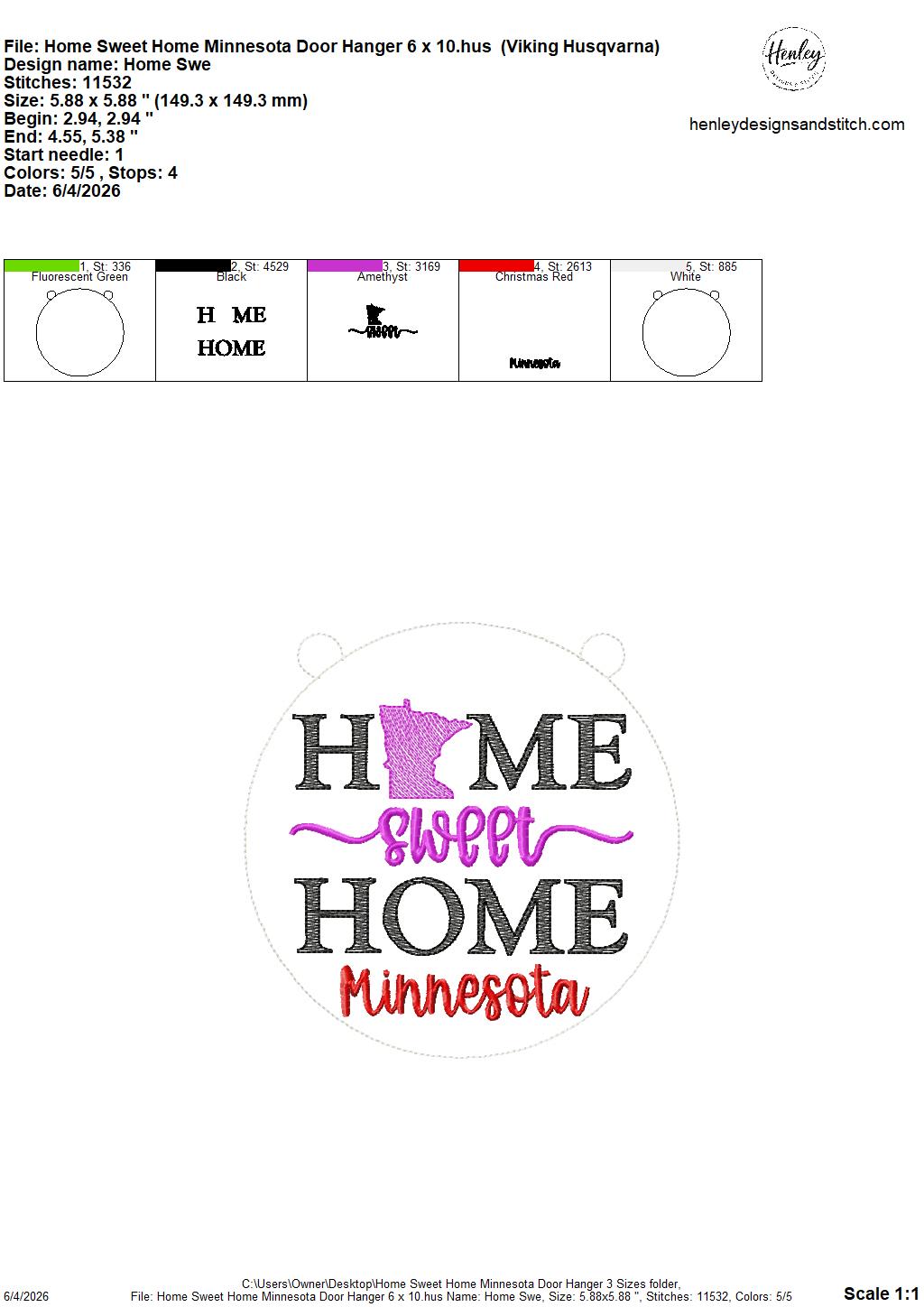 Home Sweet Home – Minnesota – DOOR HANGER – 5 x 7, 8 x 8, and 6 x 10 In The Hoop – DIGITAL Embroidery DESIGN