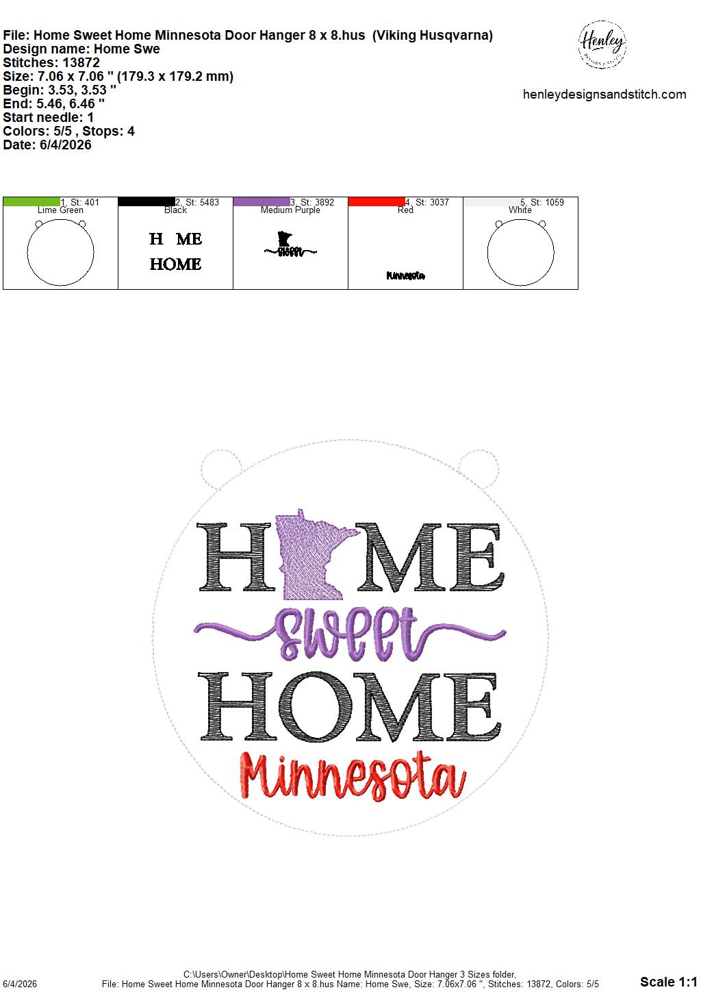 Home Sweet Home – Minnesota – DOOR HANGER – 5 x 7, 8 x 8, and 6 x 10 In The Hoop – DIGITAL Embroidery DESIGN