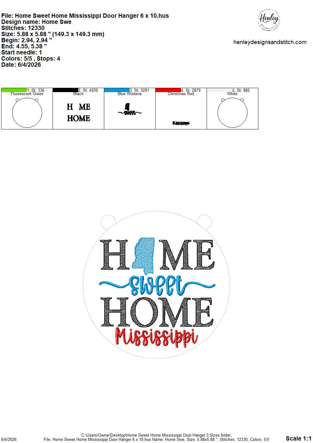 Home Sweet Home – Mississippi – DOOR HANGER – 5 x 7, 8 x 8, and 6 x 10 In The Hoop – DIGITAL Embroidery DESIGN