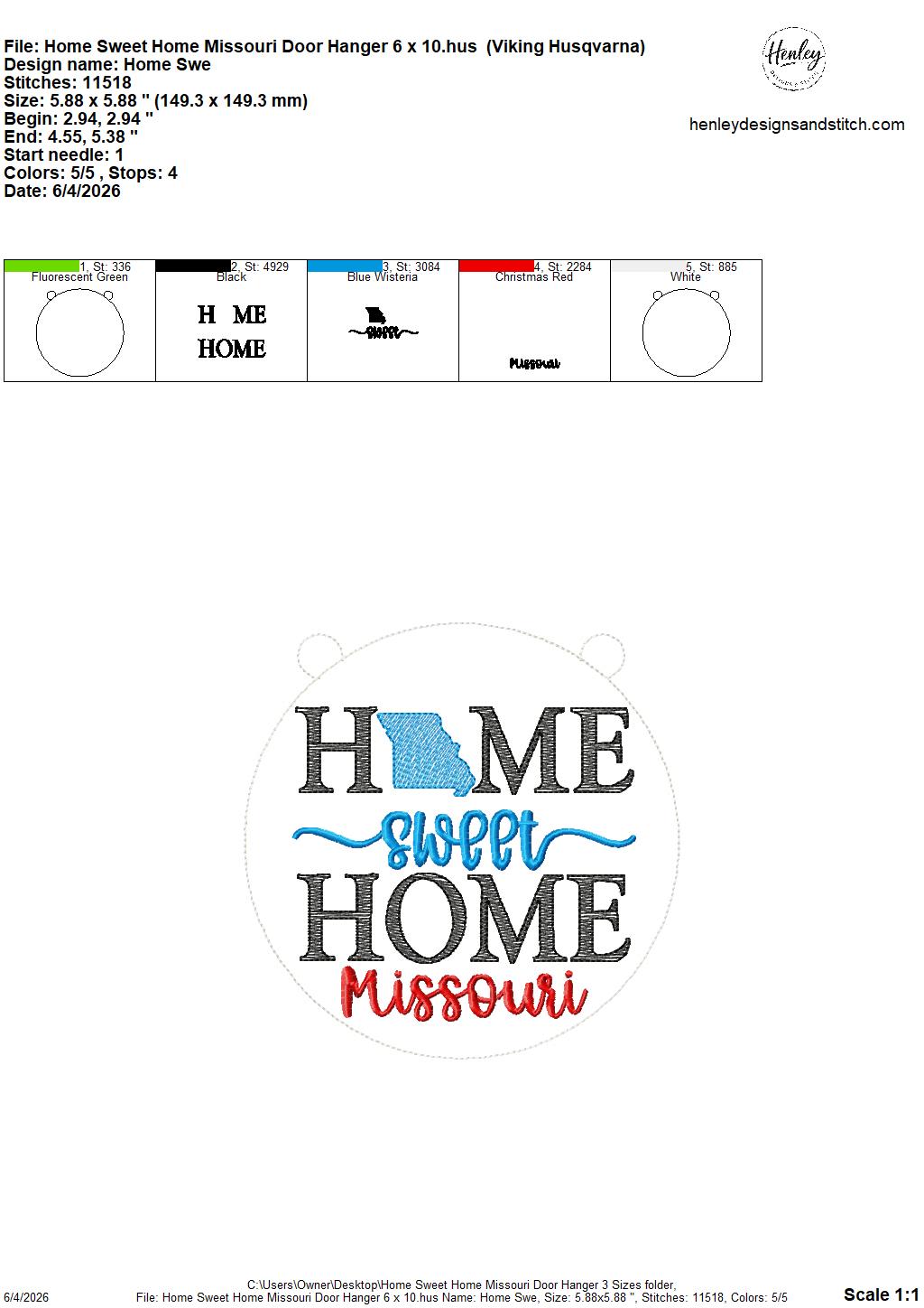 Home Sweet Home – Missouri- DOOR HANGER – 5 x 7, 8 x 8, and 6 x 10 In The Hoop – DIGITAL Embroidery DESIGN