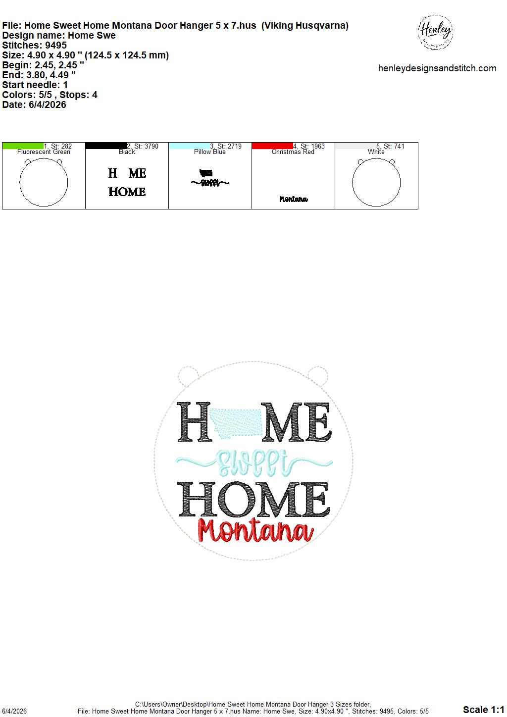 Home Sweet Home – Montana- DOOR HANGER – 5 x 7, 8 x 8, and 6 x 10 In The Hoop – DIGITAL Embroidery DESIGN