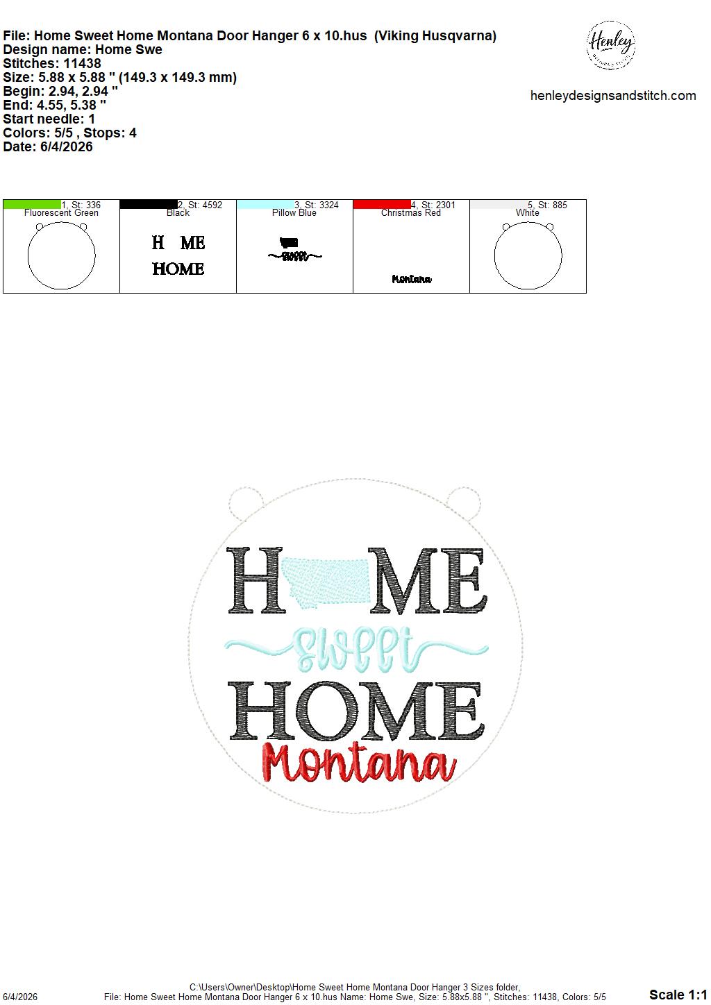 Home Sweet Home – Montana- DOOR HANGER – 5 x 7, 8 x 8, and 6 x 10 In The Hoop – DIGITAL Embroidery DESIGN