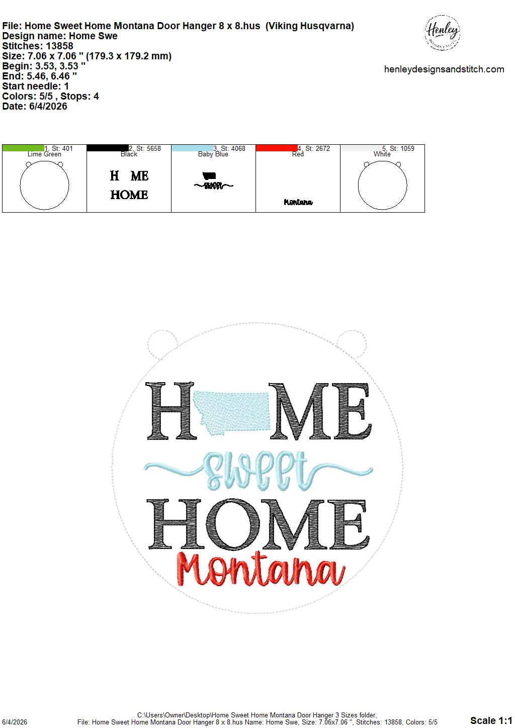 Home Sweet Home – Montana- DOOR HANGER – 5 x 7, 8 x 8, and 6 x 10 In The Hoop – DIGITAL Embroidery DESIGN