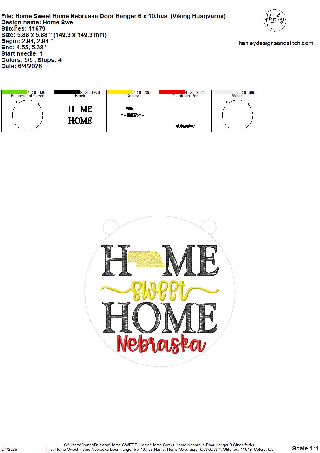 Home Sweet Home – Nebraska – DOOR HANGER – 5 x 7, 8 x 8, and 6 x 10 In The Hoop – DIGITAL Embroidery DESIGN