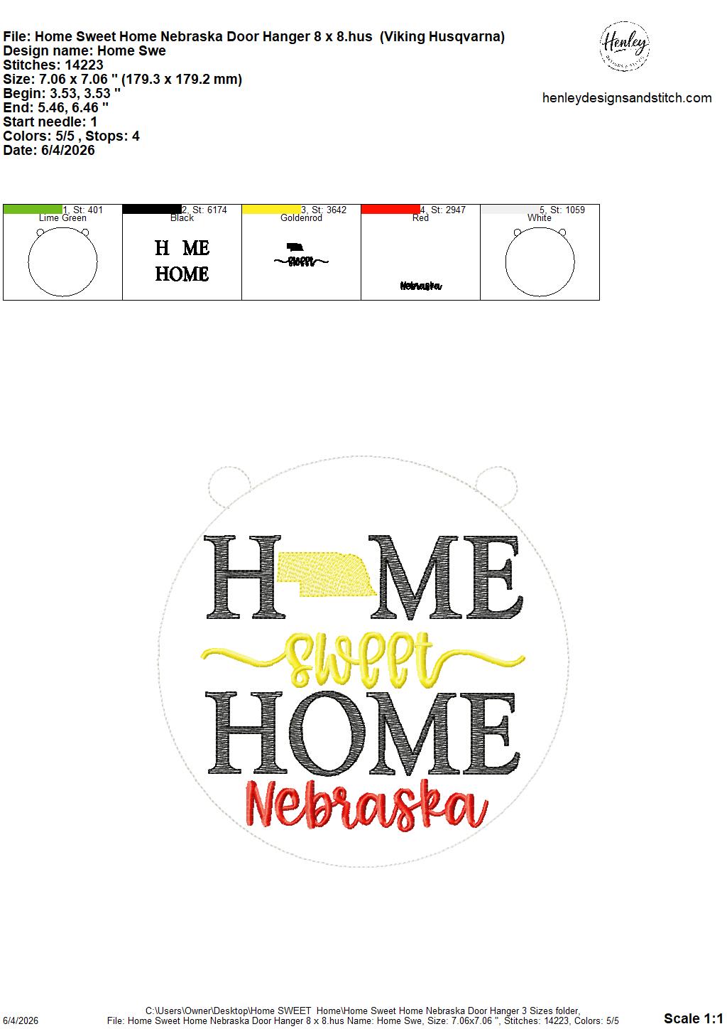 Home Sweet Home – Nebraska – DOOR HANGER – 5 x 7, 8 x 8, and 6 x 10 In The Hoop – DIGITAL Embroidery DESIGN