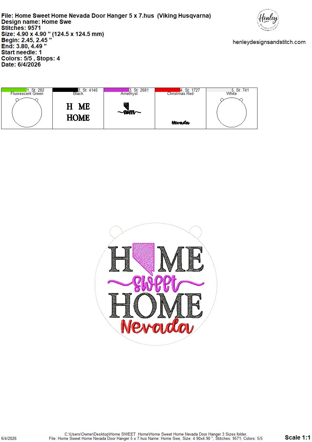 Home Sweet Home – Nevada – DOOR HANGER – 5 x 7, 8 x 8, and 6 x 10 In The Hoop – DIGITAL Embroidery DESIGN