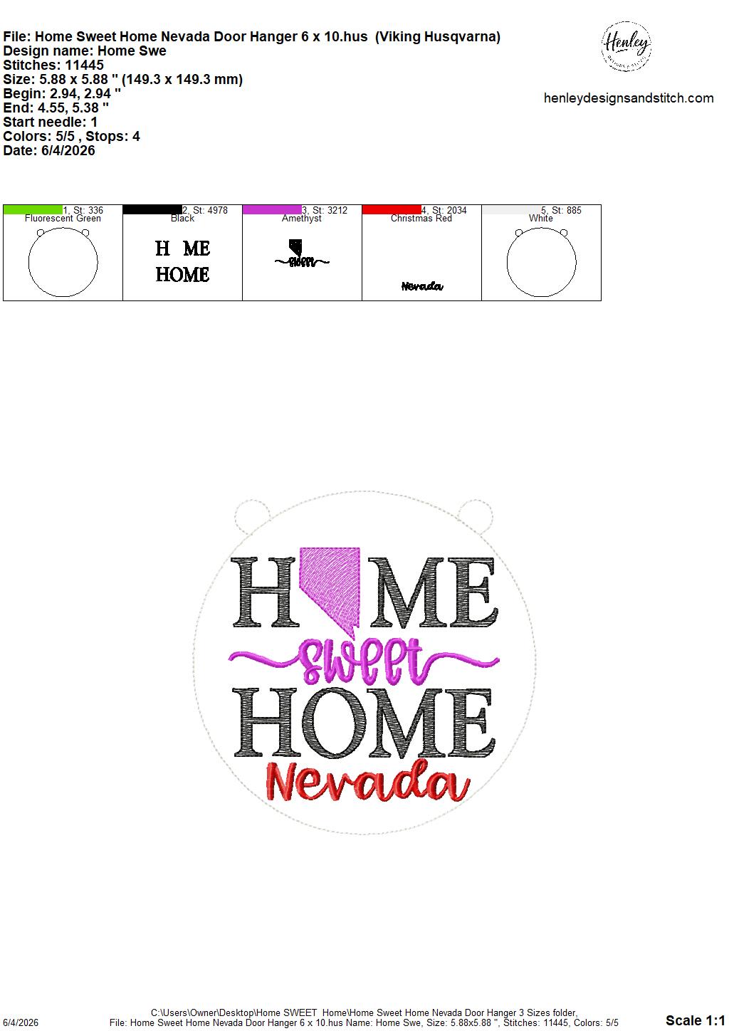 Home Sweet Home – Nevada – DOOR HANGER – 5 x 7, 8 x 8, and 6 x 10 In The Hoop – DIGITAL Embroidery DESIGN