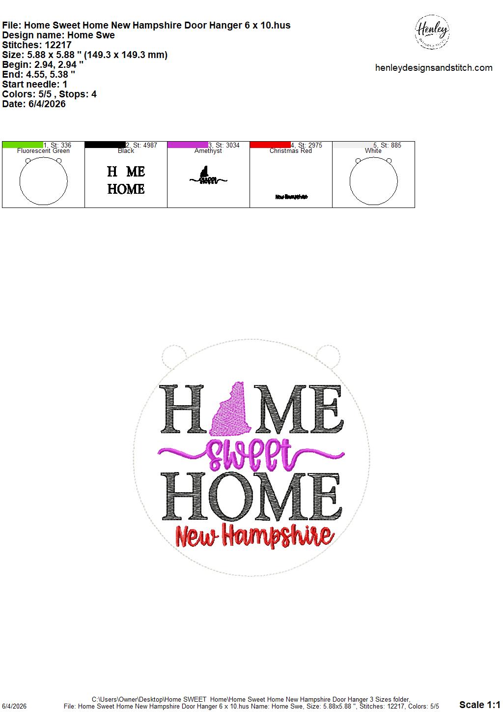 Home Sweet Home – New Hampshire – DOOR HANGER – 5 x 7, 8 x 8, and 6 x 10 In The Hoop – DIGITAL Embroidery DESIGN