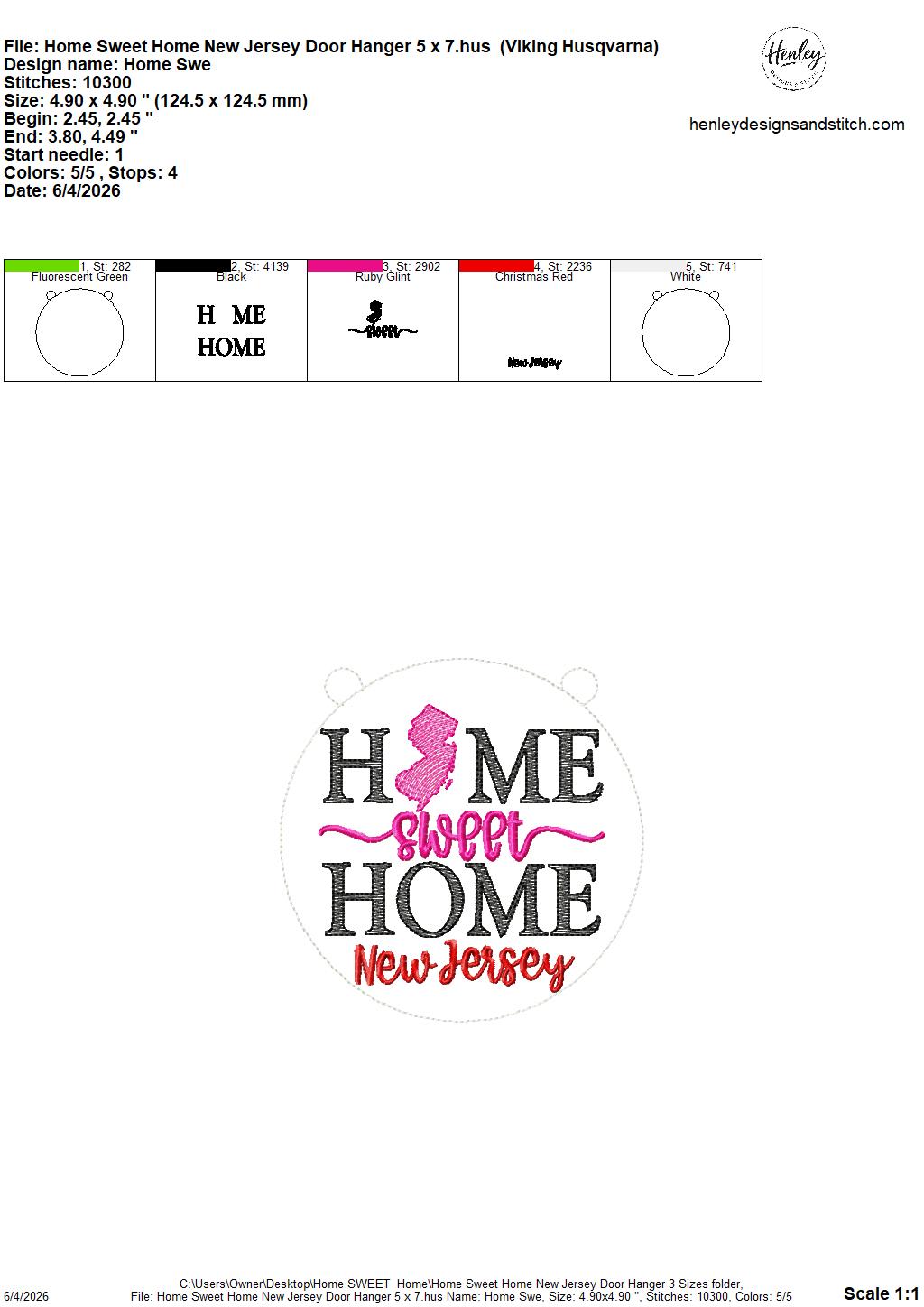 Home Sweet Home – New Jersey – DOOR HANGER – 5 x 7, 8 x 8, and 6 x 10 In The Hoop – DIGITAL Embroidery DESIGN