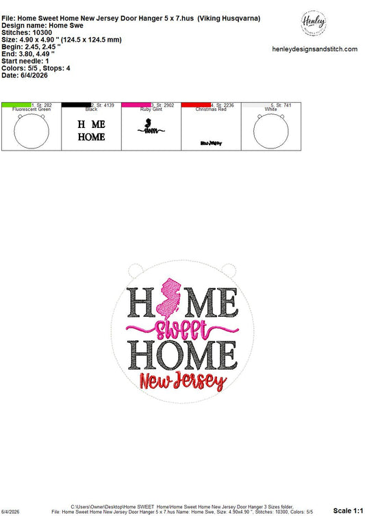 Home Sweet Home – New Jersey – DOOR HANGER – 5 x 7, 8 x 8, and 6 x 10 In The Hoop – DIGITAL Embroidery DESIGN