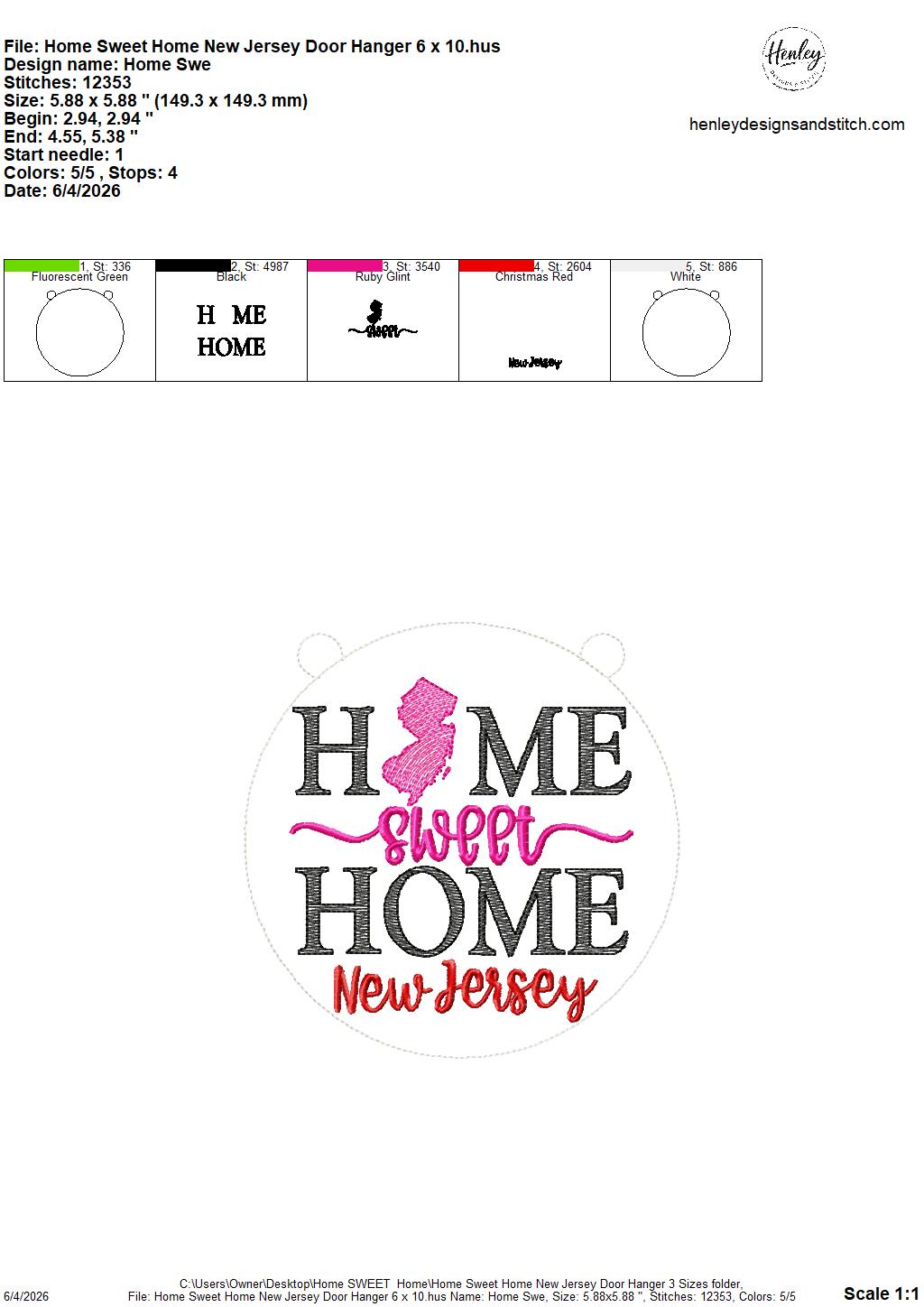 Home Sweet Home – New Jersey – DOOR HANGER – 5 x 7, 8 x 8, and 6 x 10 In The Hoop – DIGITAL Embroidery DESIGN