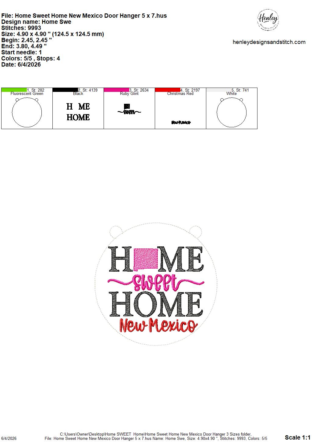 Home Sweet Home – New Mexico – DOOR HANGER – 5 x 7, 8 x 8, and 6 x 10 In The Hoop – DIGITAL Embroidery DESIGN