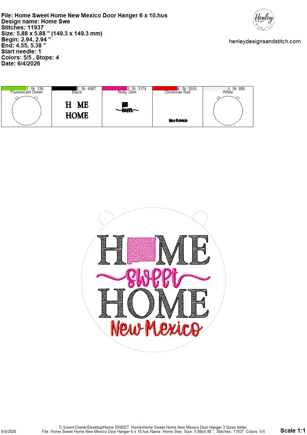 Home Sweet Home – New Mexico – DOOR HANGER – 5 x 7, 8 x 8, and 6 x 10 In The Hoop – DIGITAL Embroidery DESIGN