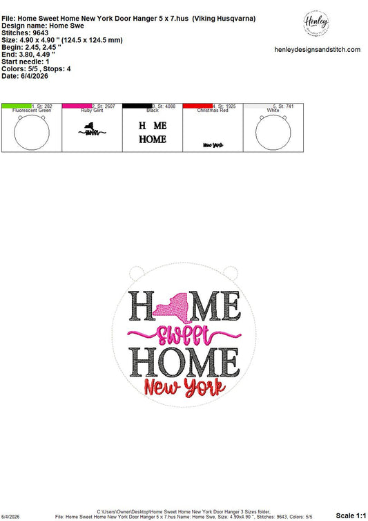 Home Sweet Home – New York- DOOR HANGER – 5 x 7, 8 x 8, and 6 x 10 In The Hoop – DIGITAL Embroidery DESIGN