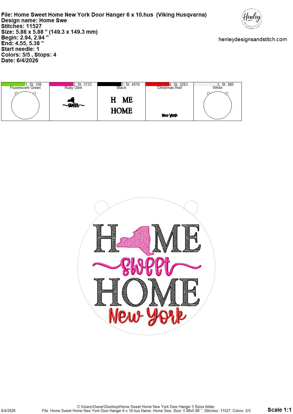 Home Sweet Home – New York- DOOR HANGER – 5 x 7, 8 x 8, and 6 x 10 In The Hoop – DIGITAL Embroidery DESIGN