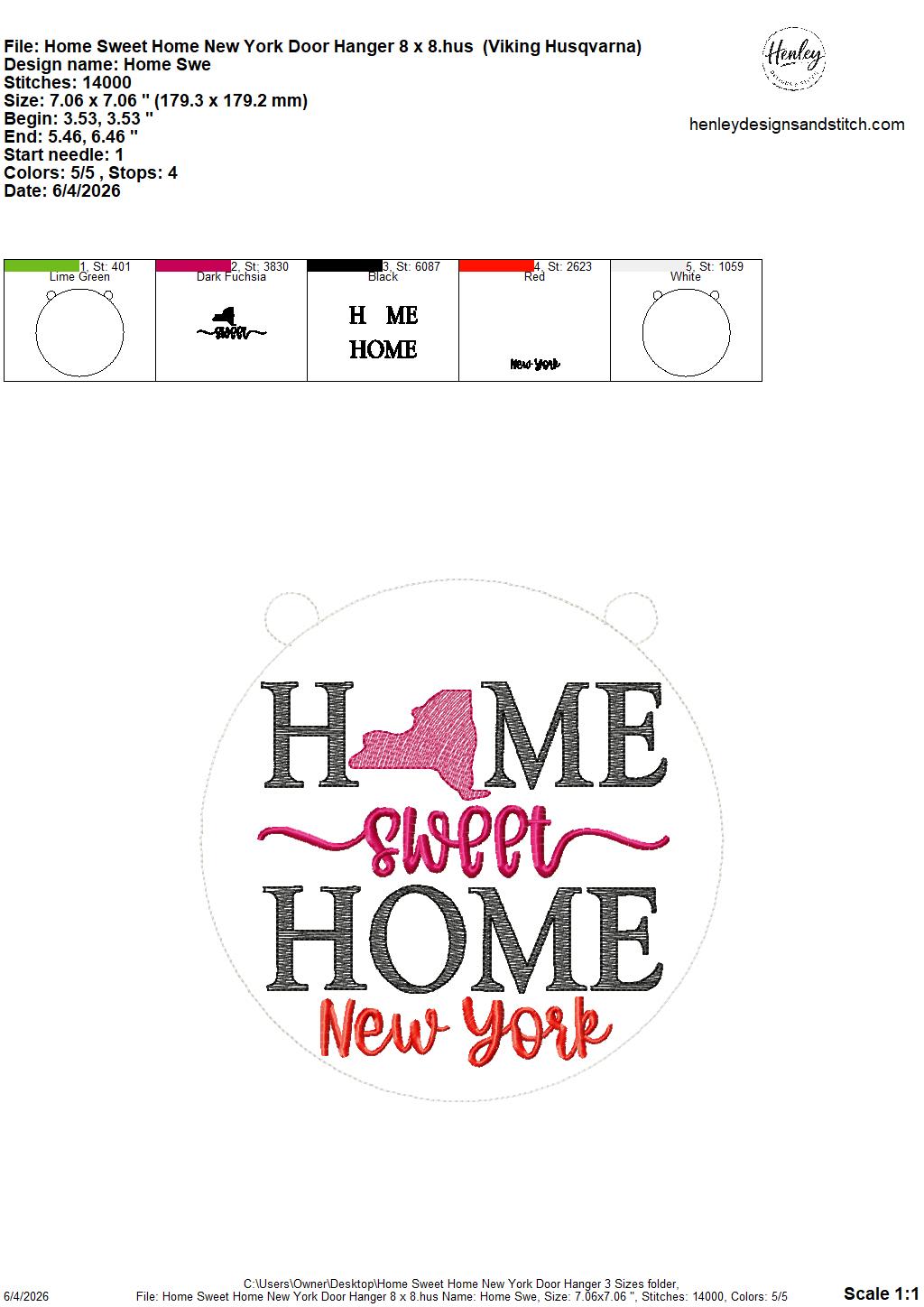Home Sweet Home – New York- DOOR HANGER – 5 x 7, 8 x 8, and 6 x 10 In The Hoop – DIGITAL Embroidery DESIGN