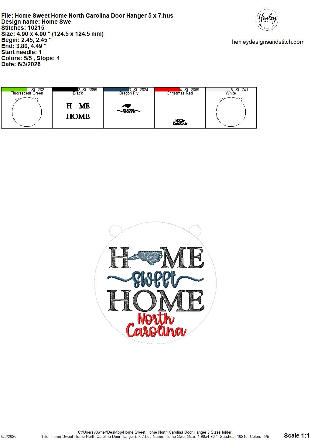 Home Sweet Home – North Carolina – DOOR HANGER – 5 x 7, 8 x 8, and 6 x 10 In The Hoop – DIGITAL Embroidery DESIGN