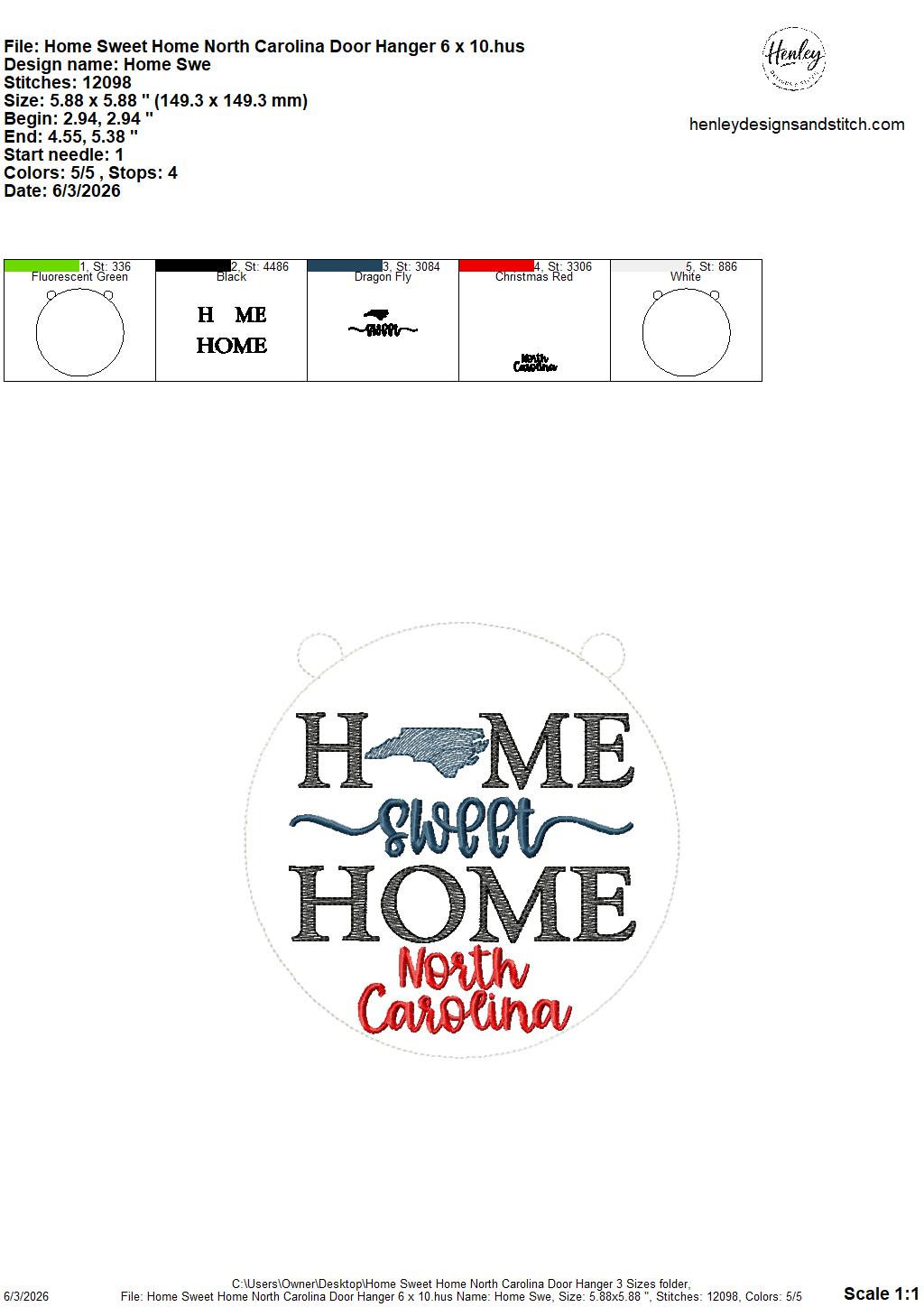Home Sweet Home – North Carolina – DOOR HANGER – 5 x 7, 8 x 8, and 6 x 10 In The Hoop – DIGITAL Embroidery DESIGN