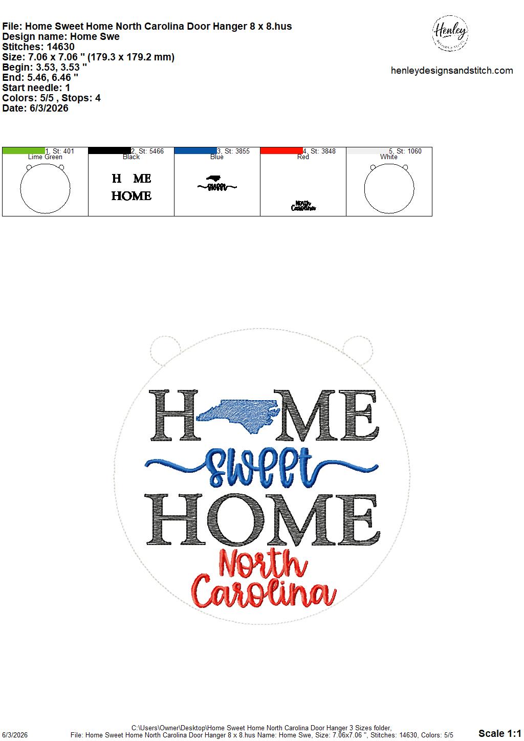 Home Sweet Home – North Carolina – DOOR HANGER – 5 x 7, 8 x 8, and 6 x 10 In The Hoop – DIGITAL Embroidery DESIGN
