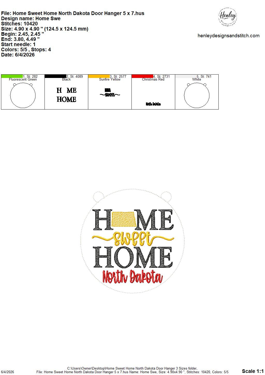 Home Sweet Home – North Dakota – DOOR HANGER – 5 x 7, 8 x 8, and 6 x 10 In The Hoop – DIGITAL Embroidery DESIGN