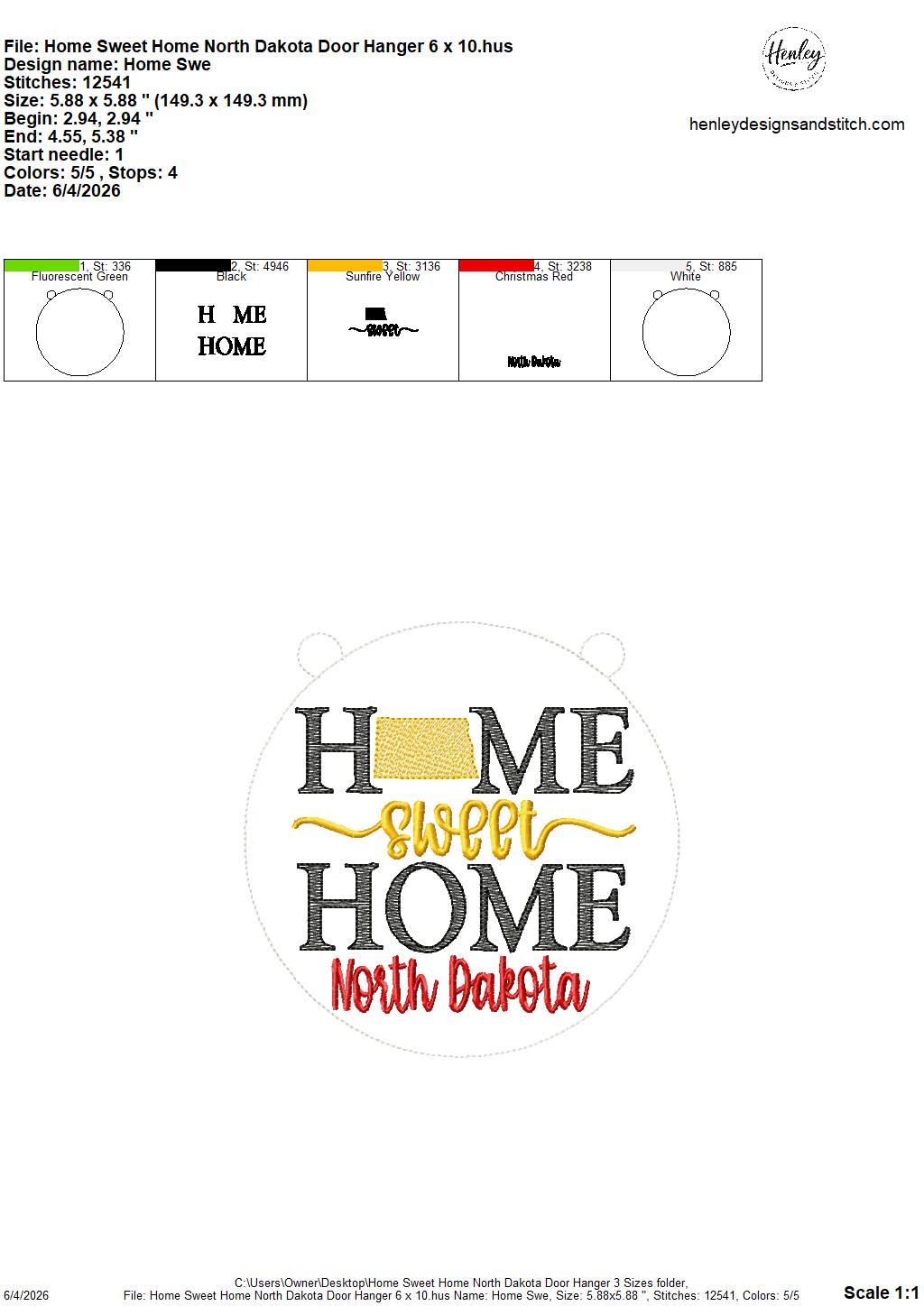Home Sweet Home – North Dakota – DOOR HANGER – 5 x 7, 8 x 8, and 6 x 10 In The Hoop – DIGITAL Embroidery DESIGN