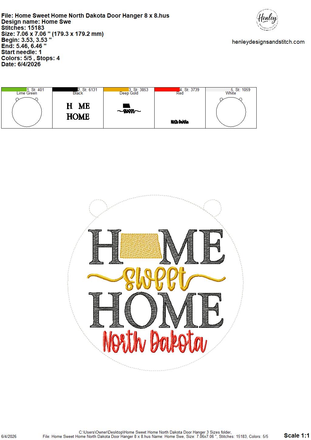 Home Sweet Home – North Dakota – DOOR HANGER – 5 x 7, 8 x 8, and 6 x 10 In The Hoop – DIGITAL Embroidery DESIGN