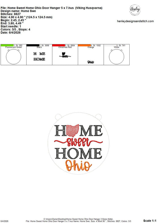 Home Sweet Home – Ohio – DOOR HANGER – 5 x 7, 8 x 8, and 6 x 10 In The Hoop – DIGITAL Embroidery DESIGN
