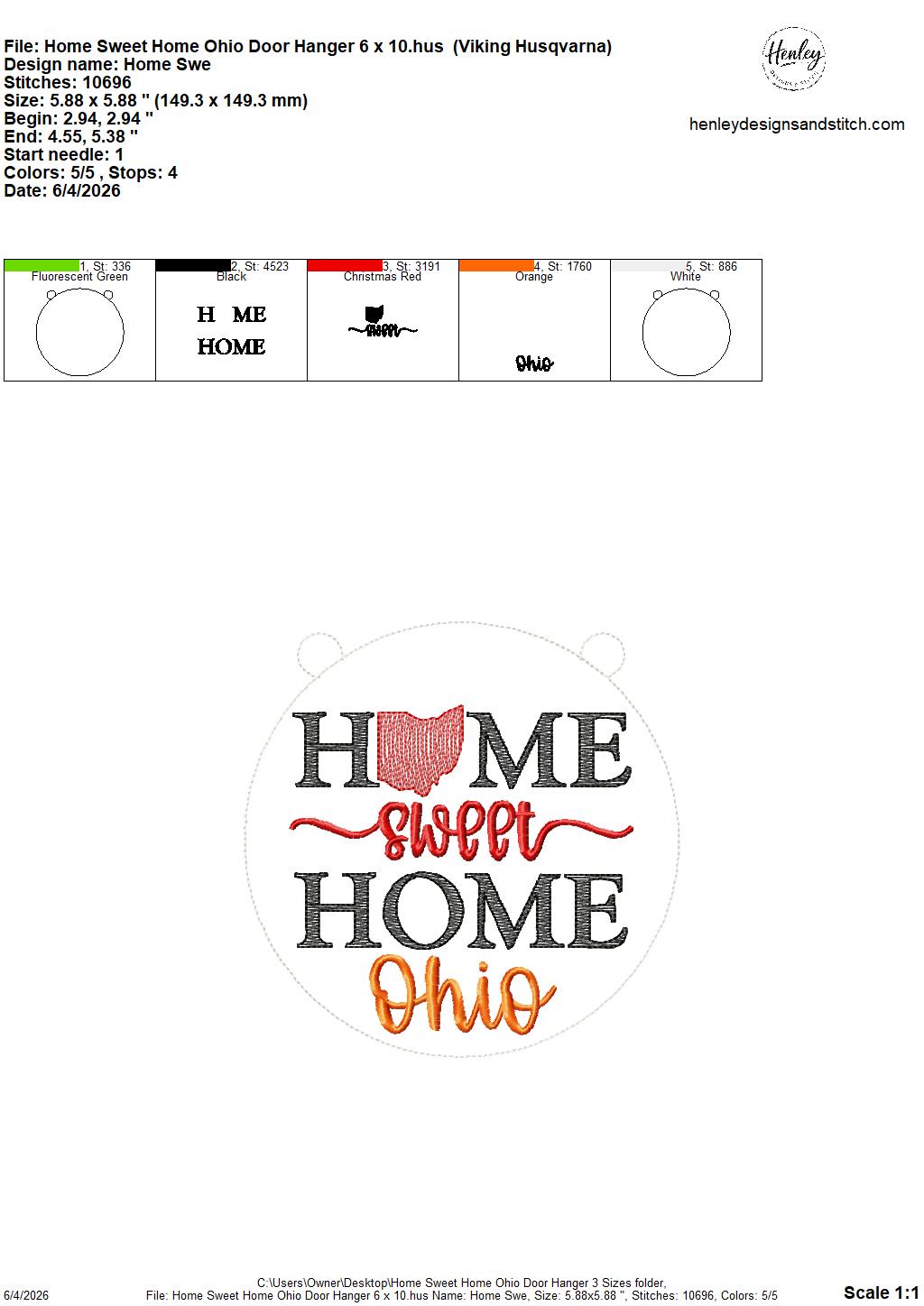 Home Sweet Home – Ohio – DOOR HANGER – 5 x 7, 8 x 8, and 6 x 10 In The Hoop – DIGITAL Embroidery DESIGN
