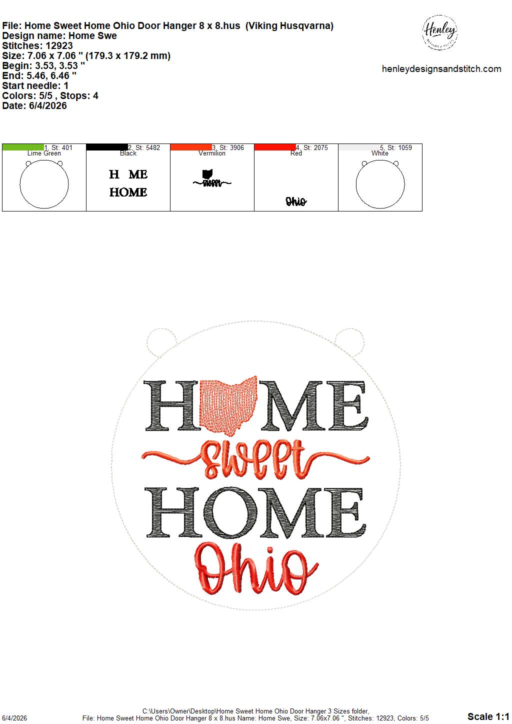 Home Sweet Home – Ohio – DOOR HANGER – 5 x 7, 8 x 8, and 6 x 10 In The Hoop – DIGITAL Embroidery DESIGN