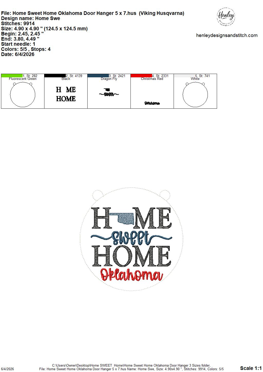 Home Sweet Home – Oklahoma – DOOR HANGER – 5 x 7, 8 x 8, and 6 x 10 In The Hoop – DIGITAL Embroidery DESIGN