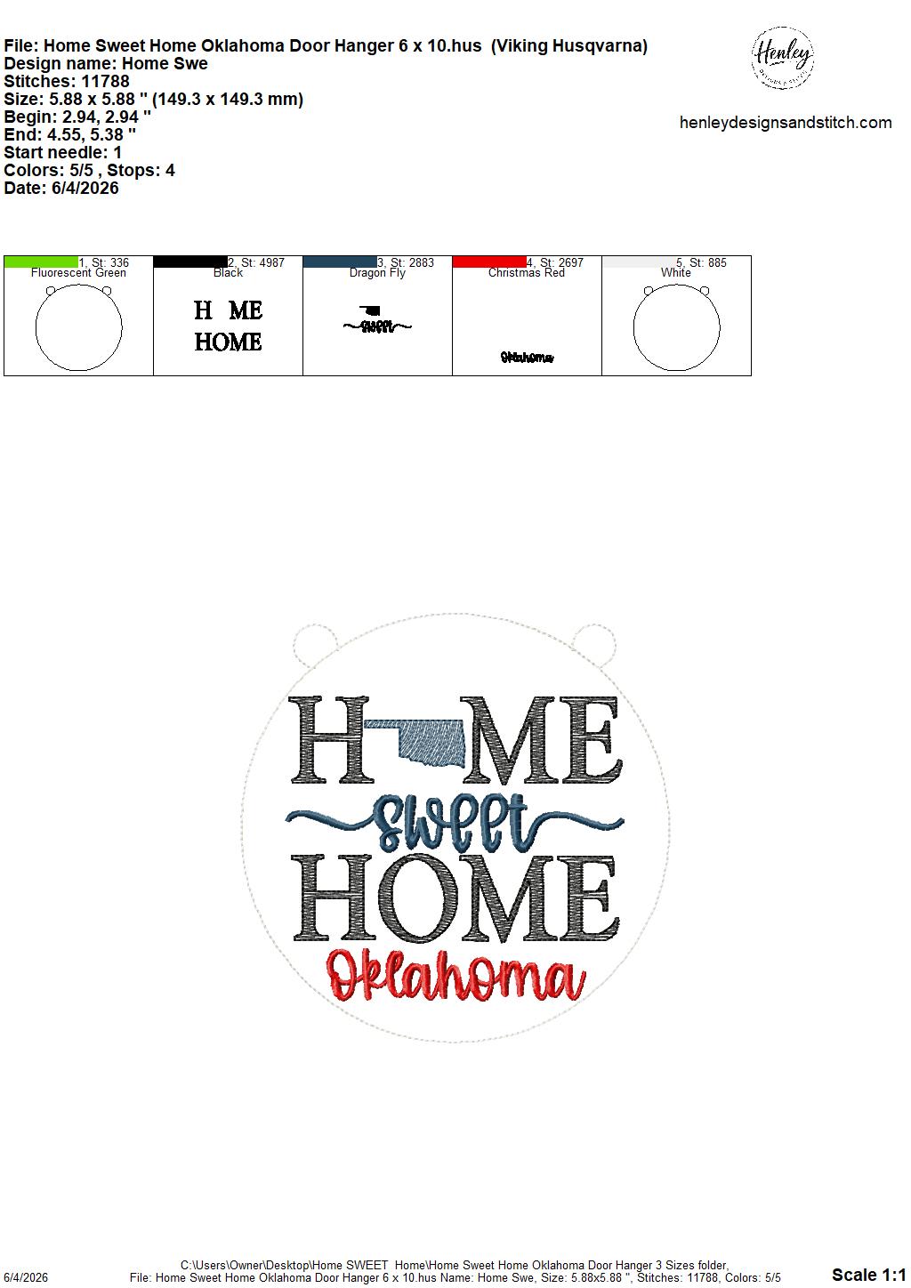 Home Sweet Home – Oklahoma – DOOR HANGER – 5 x 7, 8 x 8, and 6 x 10 In The Hoop – DIGITAL Embroidery DESIGN